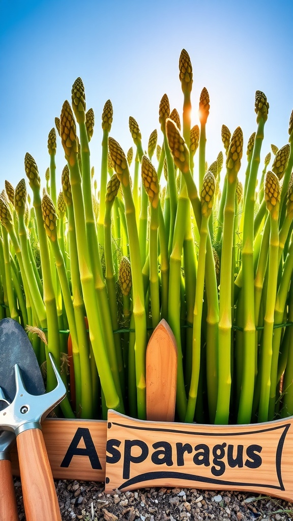A bountiful asparagus garden bed with tall green spears under sunlight.